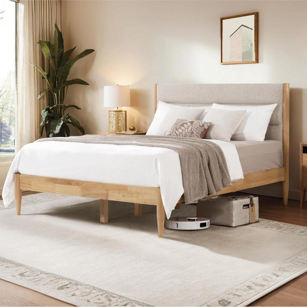 Wood Bed Frame with Upholstered Headboard Wooden Platform with Silent Slat Support Mattress Foundation No Box Spring