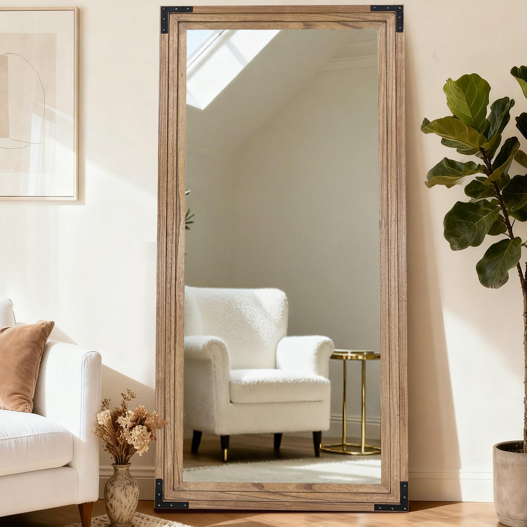 Full Length Mirror 76"x34", Solid Wood Frame Standing Mirror, Oak Color