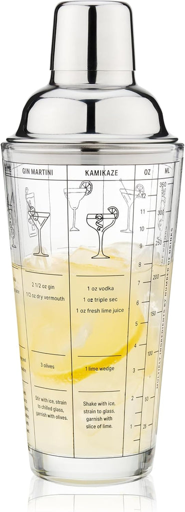 Glass Cocktail Shaker with 7 Classic Recipes and Measurements for Cold Brew Cocktails, Home Bar Accessories, Bar