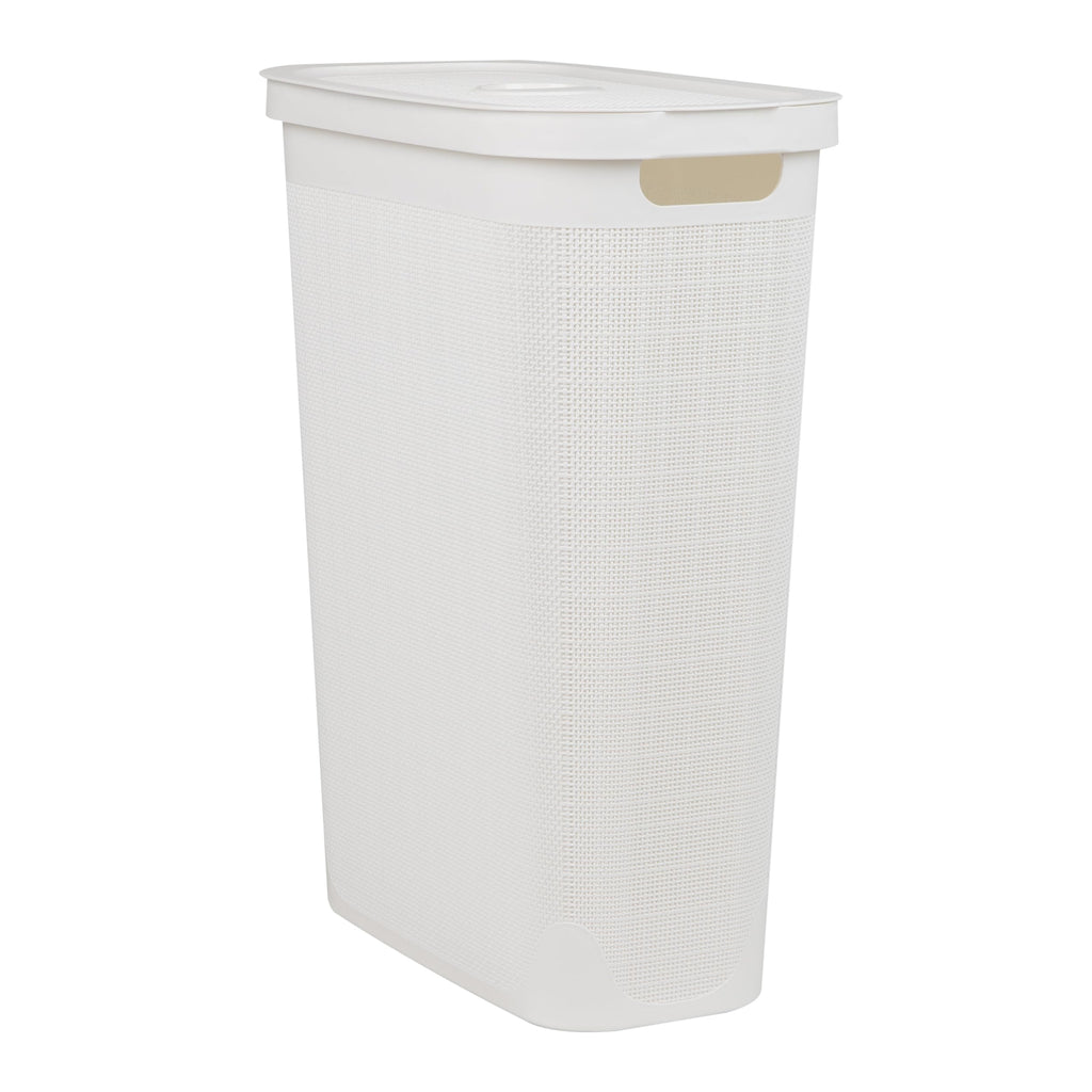 Slim Laundry Hamper with Lid, 40L Clothes Basket, Linen Design, Plastic, White