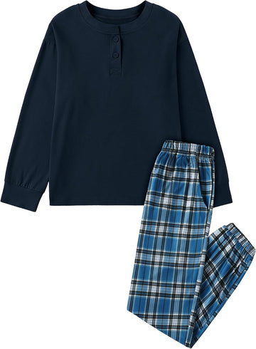 Boys Pajamas Plaid Pants Long Sleeve Henley 2 Piece Set Kids Sleepwear PJs Soft Loungewear for Boys