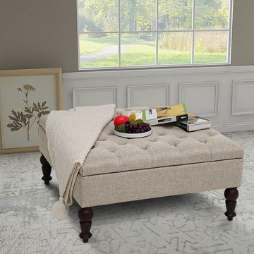 Indoor 34'' Wide Tufted Square Storage Ottoman with Hinged Lid Space Saving Coffee Table Upholstered Storage Storage