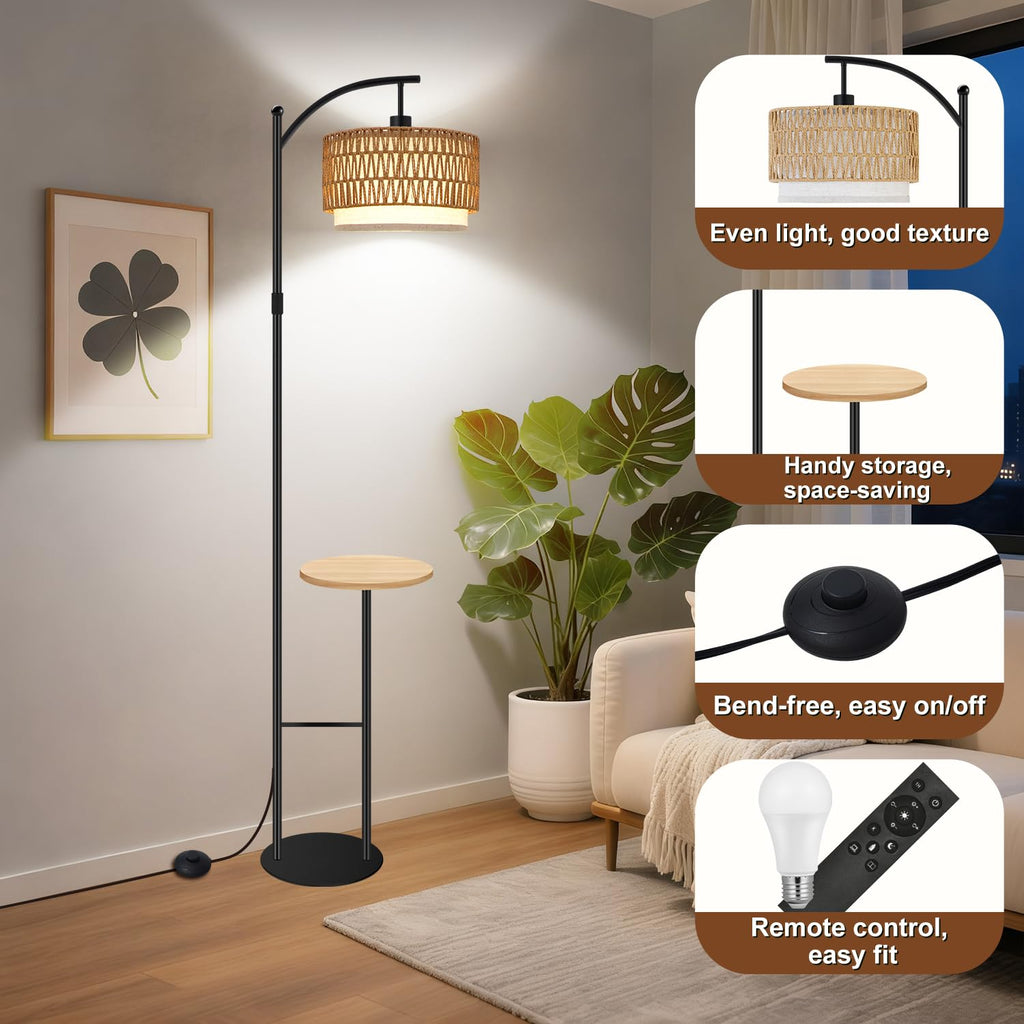 Arc Rattan Floor Lamp with Table Dimmable 3 Color Temp