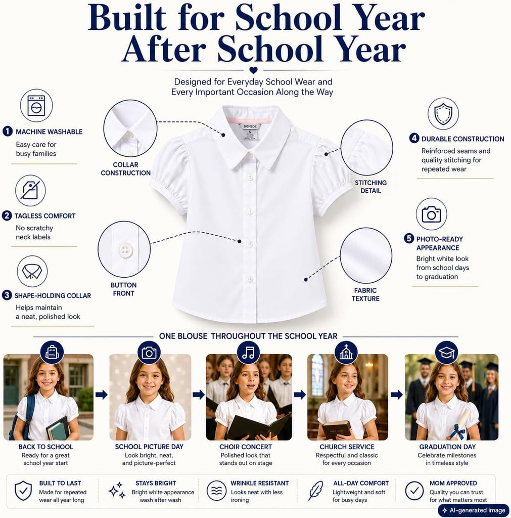 White Wrinkle-Free Girls Blouse: School Uniform Cotton Shirt