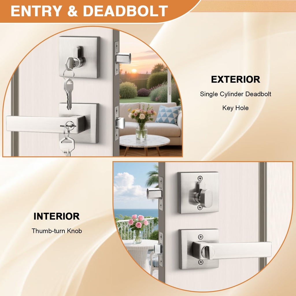 Square Entrance Lever with Single Cylinder Deadbolt Set Keyed Alike Combo Pack( and Front Door), Heavy Duty Satin