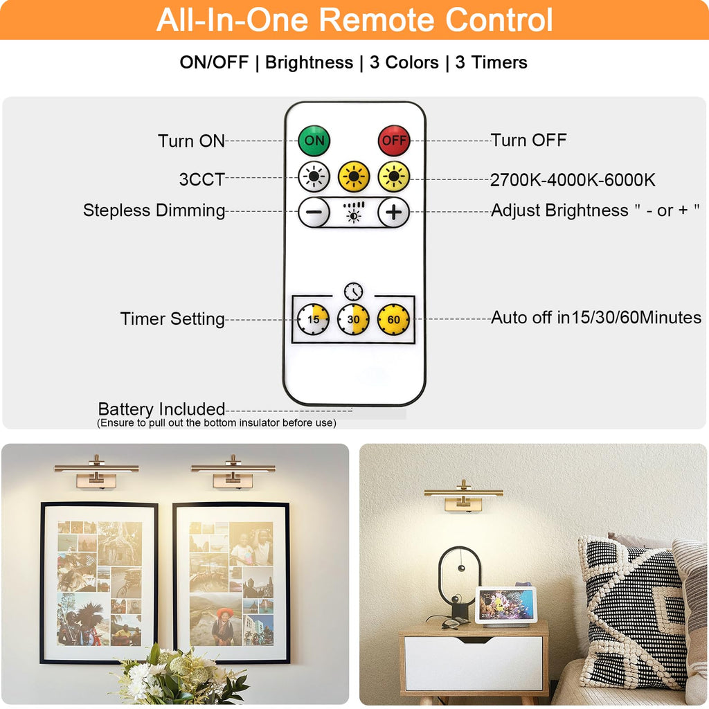 Rechargeable Picture Light with Remote Control,12 Inch Brass Finish Adjustable Wireless Art Lighting Fixture,Painting