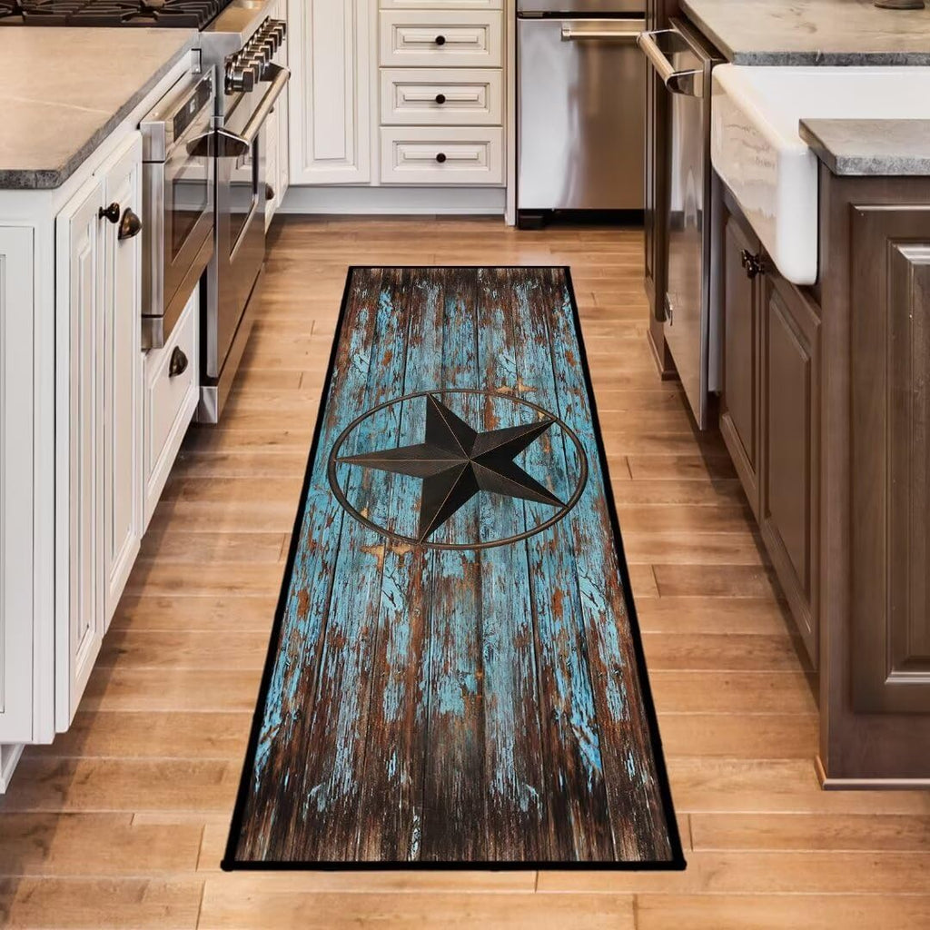 Western Hallway Runner Rug 2x6,Western Barn Texas Star on Old Wooden Plank,Rustic Throw Accent Area Rug Non Slip