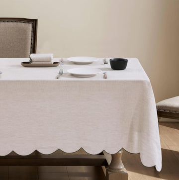 100% French Flax Linen Tablecloths Scalloped Embroidery Rectangle 120Lx60W Inch for Dinners, Parties