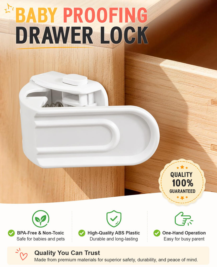 Drawer Locks Proofing 4 Pack, Upgraded White Side Furniture Lock