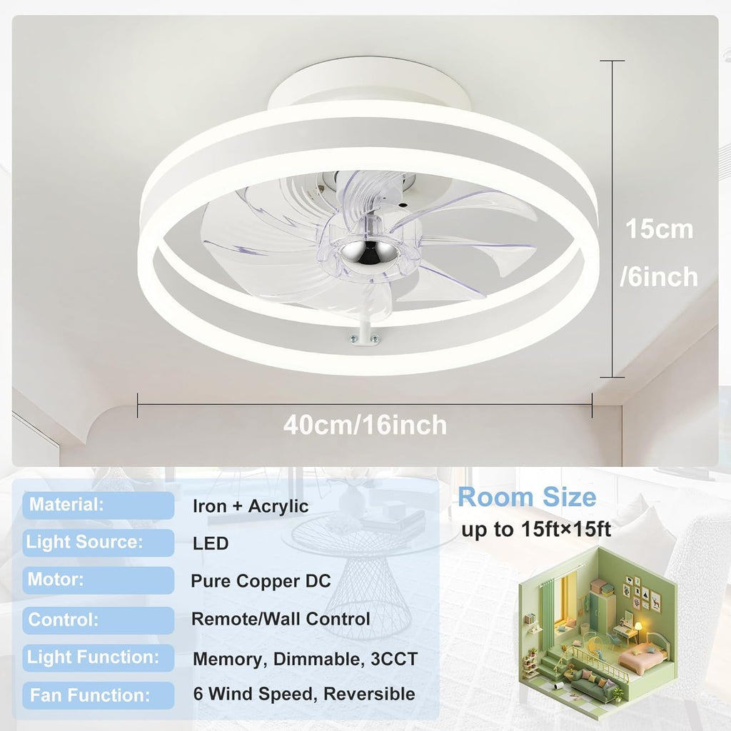 Modern Ceiling Fan with Light Flush Mount Ceiling Fans with Remote Control Reversible 6 Speeds 3CCT Dimmable