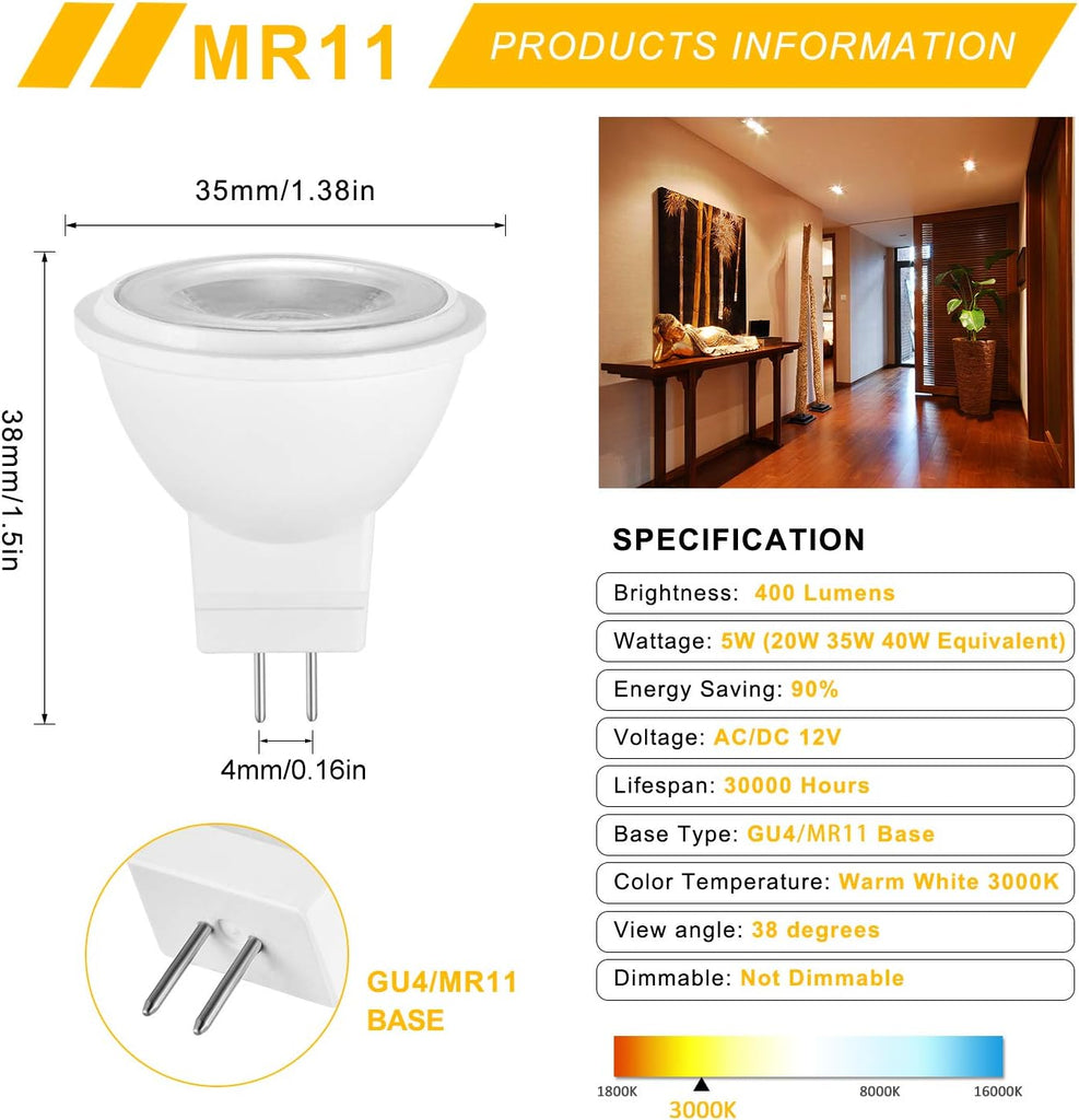 5W MR11 GU4 LED Light Bulbs 12V 20W 35W 40W Halogen Bulb Replacement Soft Warm White 3000K Recessed Spotlight Lamp