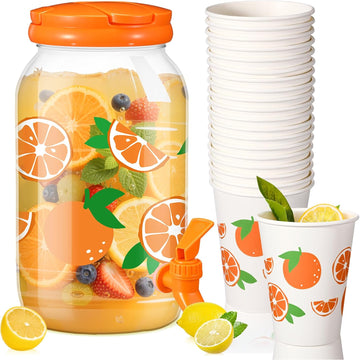 Tree Clear Plastic Drink Dispenser with 12 oz Tropical Paper Cups 1 Gallon Kitchen Fridge Beverage Dispenser - Set of 20
