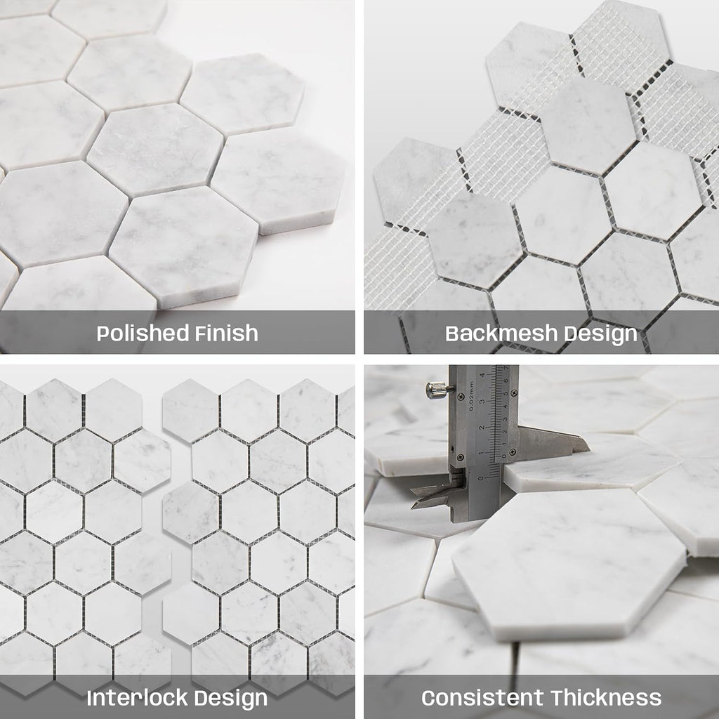 Carrara White Marble Mosaic Tile Bathroom Wall 2" Hexagon 5 Pcs | Water & Heat Resistant Polished Marble Backsplash