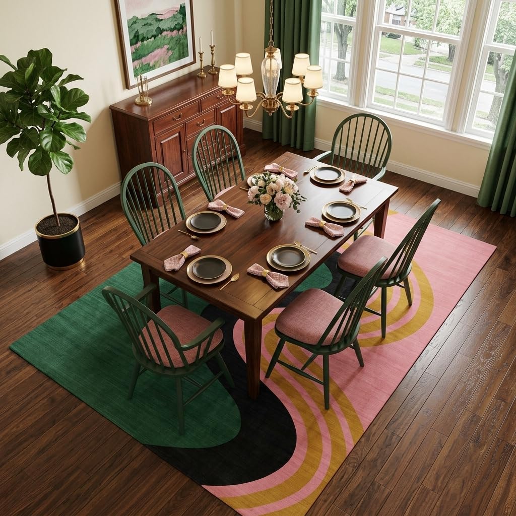 5x7 Green and Pink Modern Abstract Wavy Stripe Area Rug