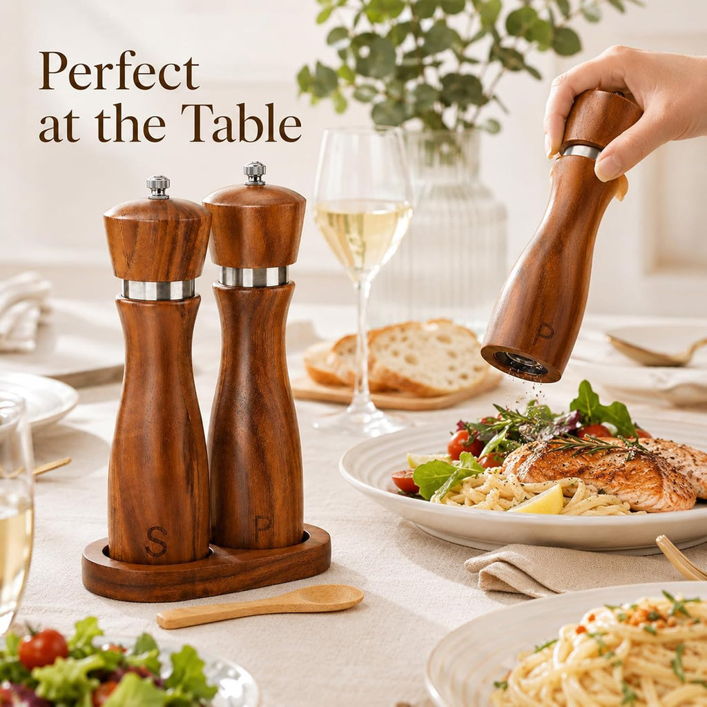 Wooden Salt and Pepper Grinder Set, 8 Inch Solid Hardwood Spice Mills with Adjustable Ceramic Rotor, Refillable - Set of 4