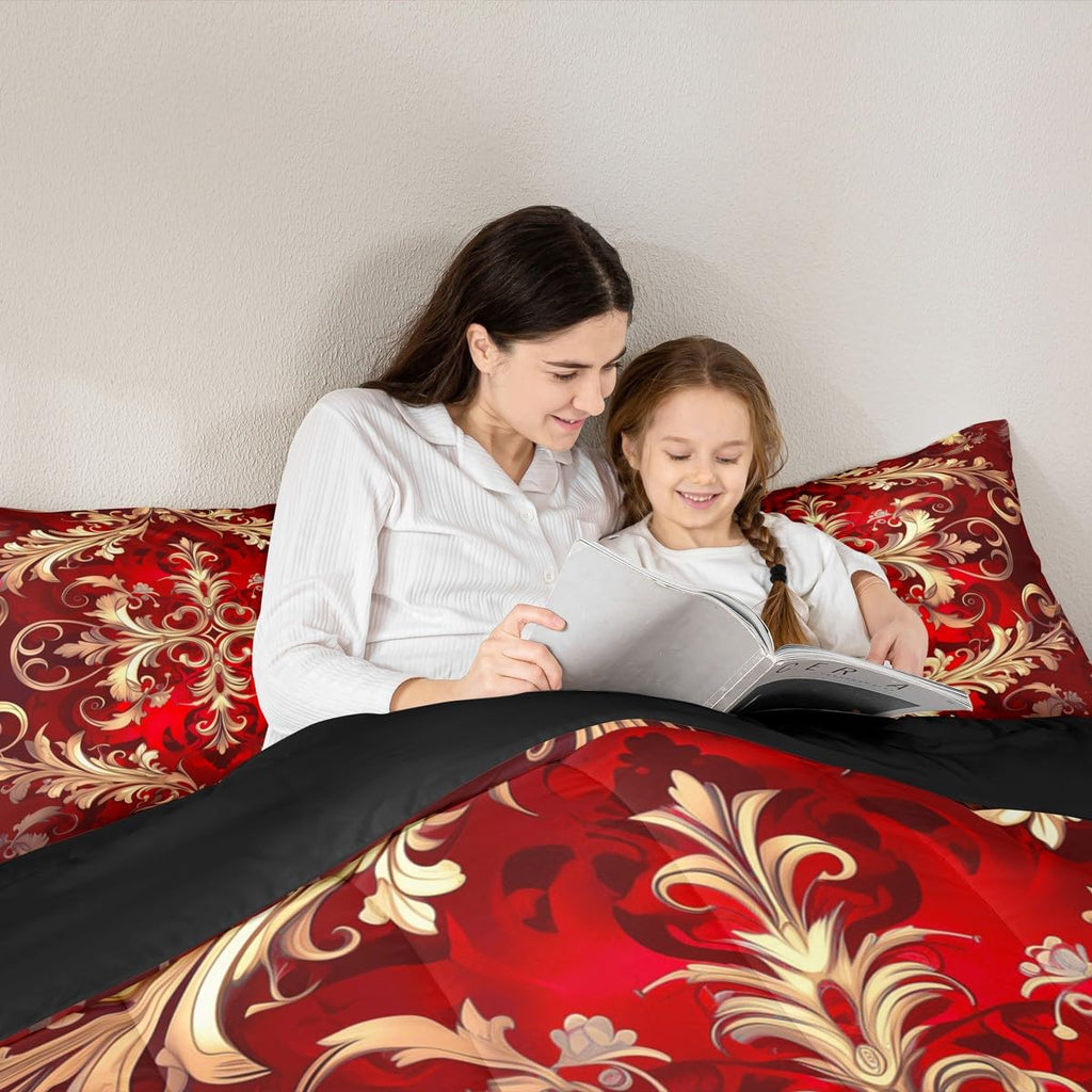 Just Print Red Damask Print Twin Size Comforter Set
