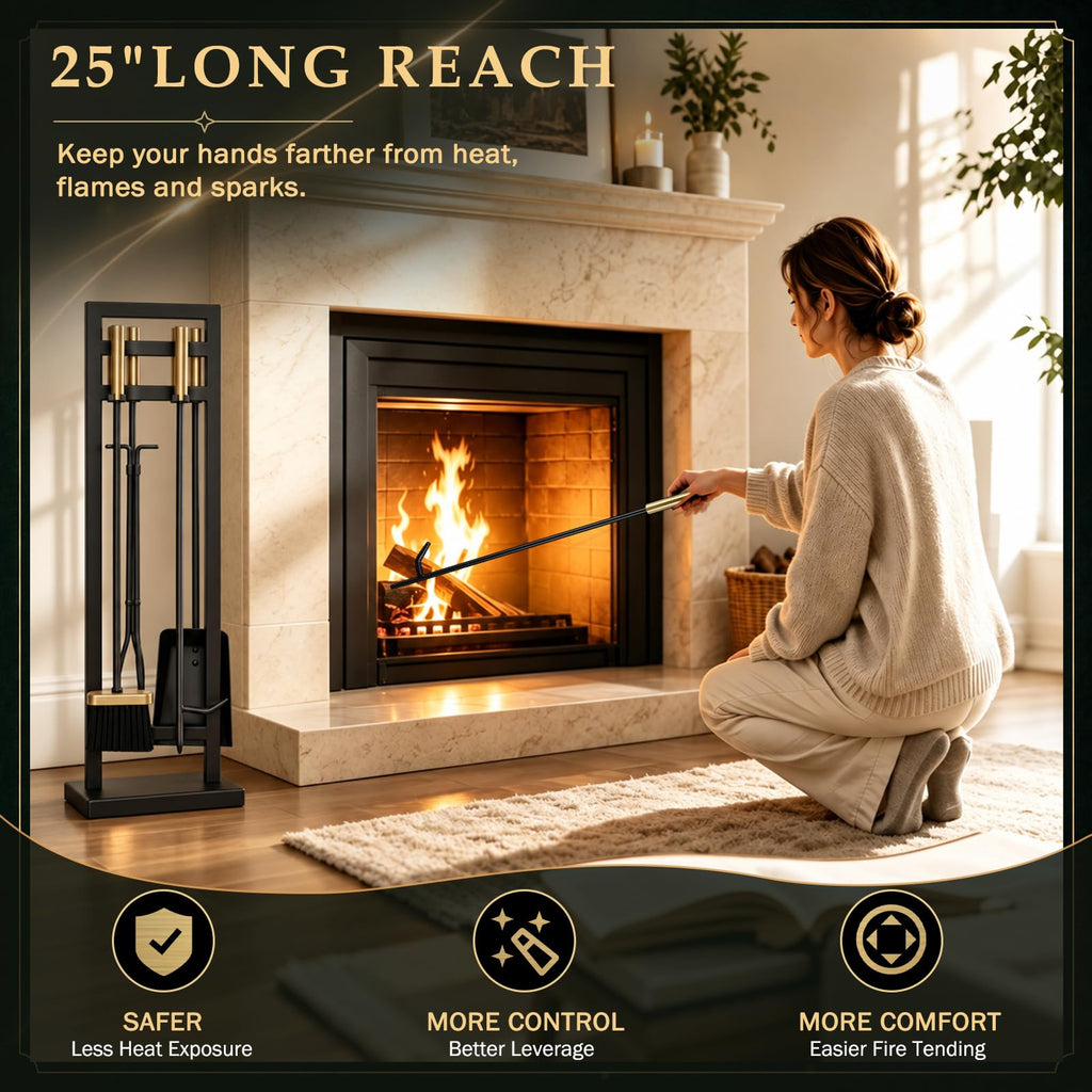5-Piece Fireplace Tool Set, 30" One-Piece Stand, Antique Brass