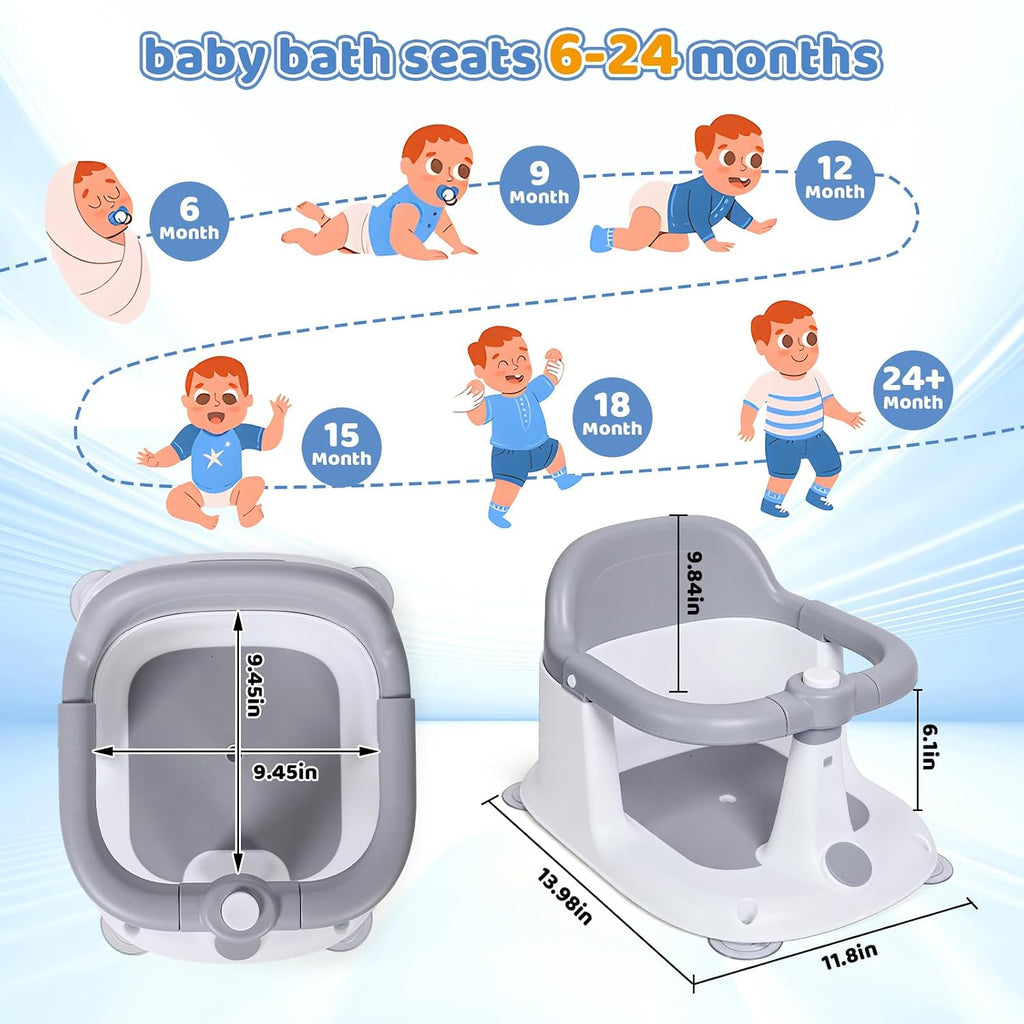 Bath Seat for 6-24 Months, Bath Seats for Babies Sitting Up with 4 Locking Suction Cups & Soft Cushion, Non Slip Anti