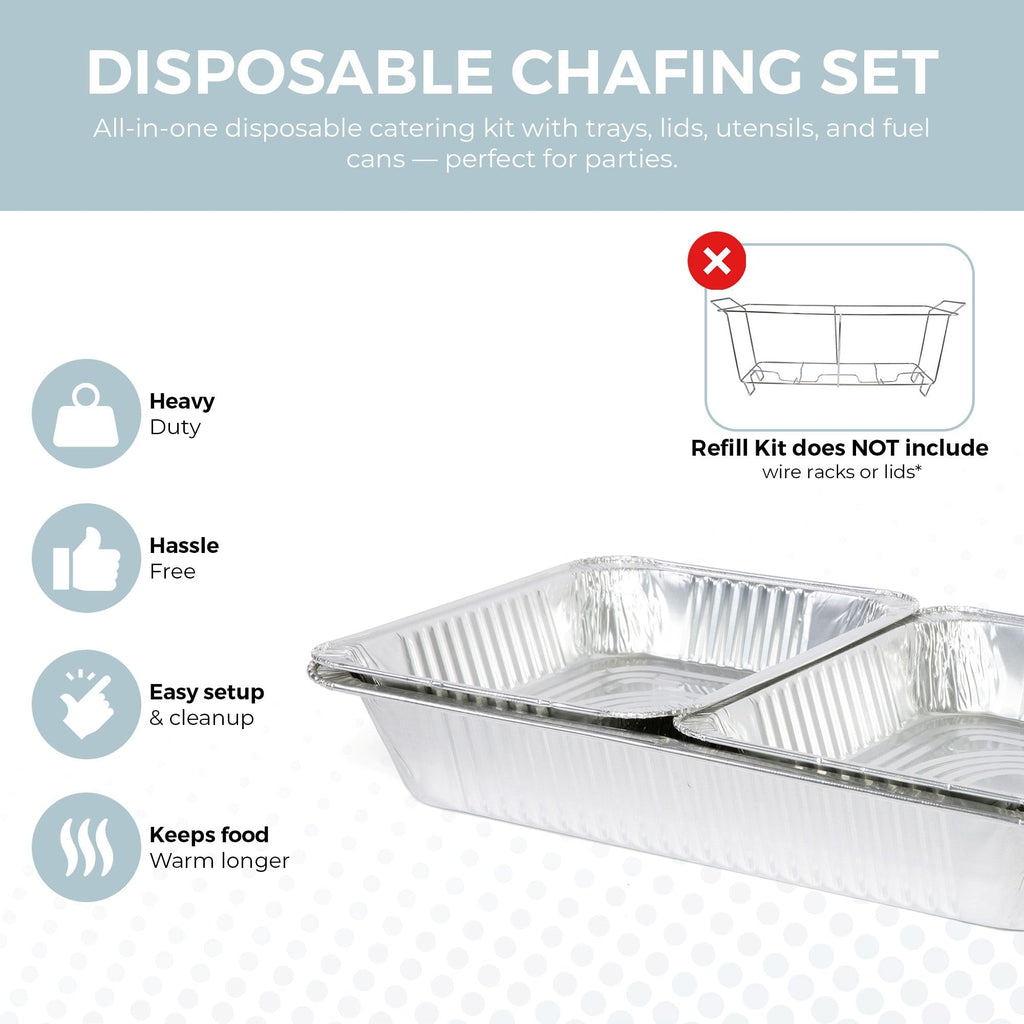 Large Full Size Refill Kit Disposable Chafing Buffet with - Utensils, Fuel Cans Only - Premium Chafing Dish Set for