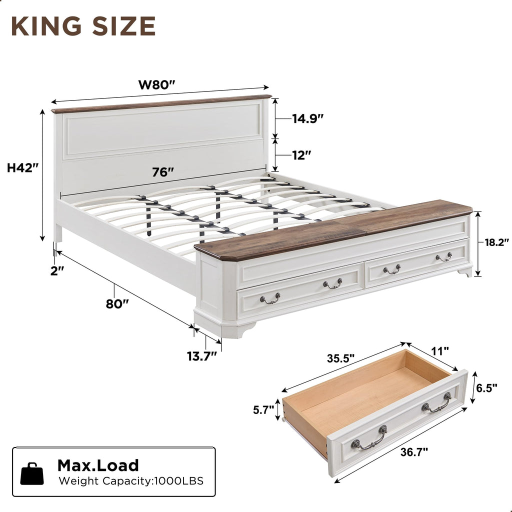 Farmhouse King Bed with Headboard and Storage Bench, Antique White