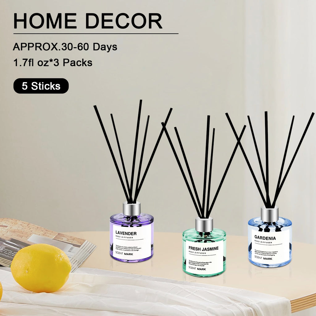 Reed Diffuser Set of 3 Pack, 50ML Lavender Jasmine Gardenia Scented Oil Diffuser with 5 Sticks, Home Fragrance Reed