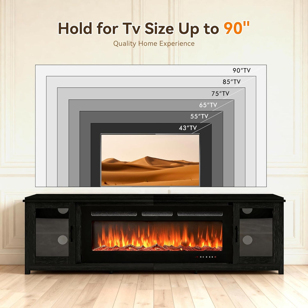 80 Inch Modern Fireplace TV Stand for Living Room, Entertainment Center with 50 Inch Electric Fireplace, Adjustable TV Console and 12-Color LED Lighting, Black