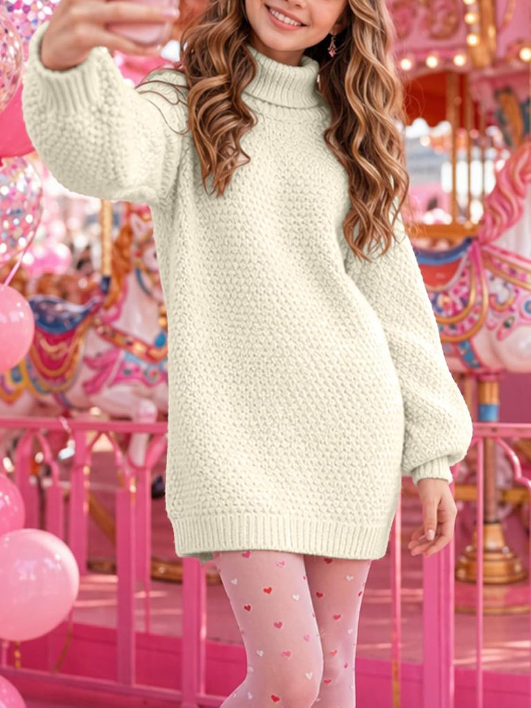 Turtleneck Knit Sweater Dress Lantern Balloon Sleeve Casual Loose Fall Winter Pullover Mini Dresses