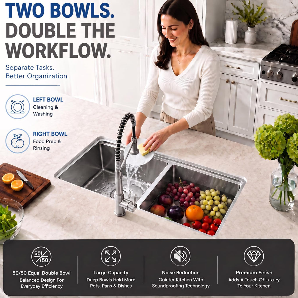 30 Inch Undermount Kitchen Sink Double Bowl, Stainless Steel Workstation