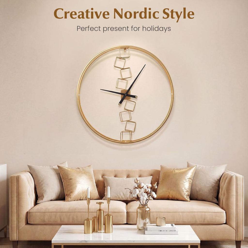 Large Wall Clock, 27" Nordic Style Big Metal Wall Clock, Non-Ticking Decorative Clock, Battery-Operated Wall