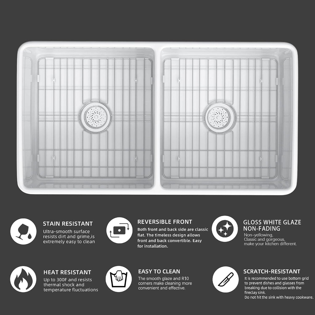 Double Bowl Farmhouse Sink 33" x 18" White Apron Front Kitchen Sink | , Large dual bowl 50/50, Heavy duty fireclay