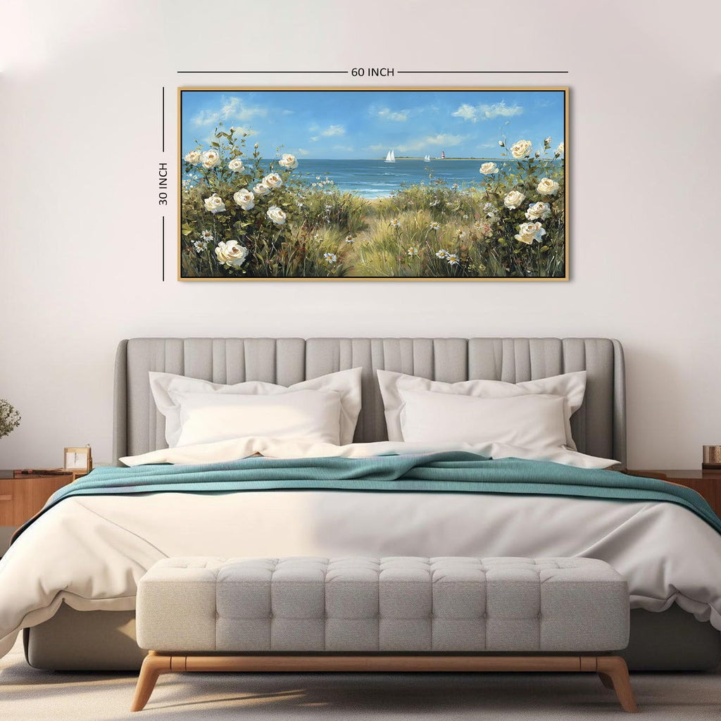 Blue Ocean Wall Art White Flowers Canvas Prints Nautre Coastal Wildflowers Pictures Beach Floral Painting Poster
