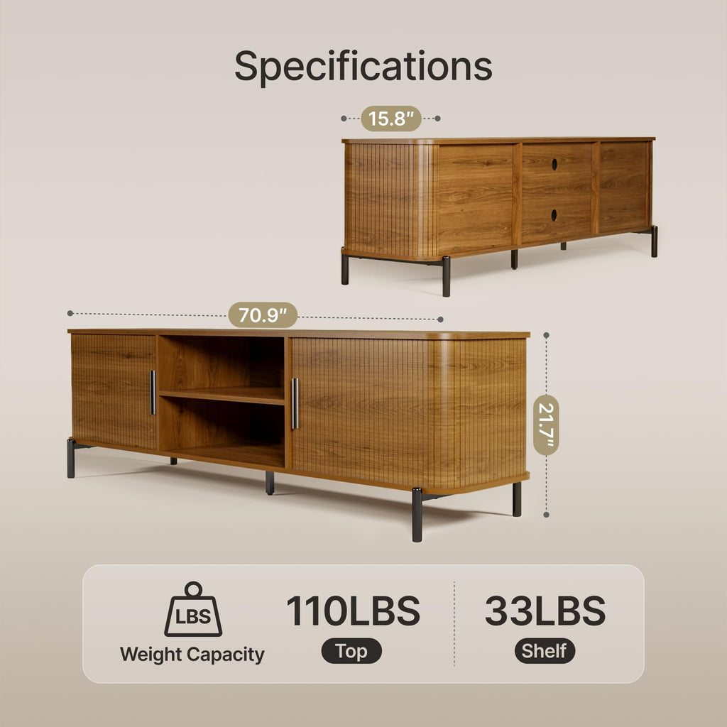 70" Mid-Century Fluted TV Stand with Storage up to 80 Inch, Walnut