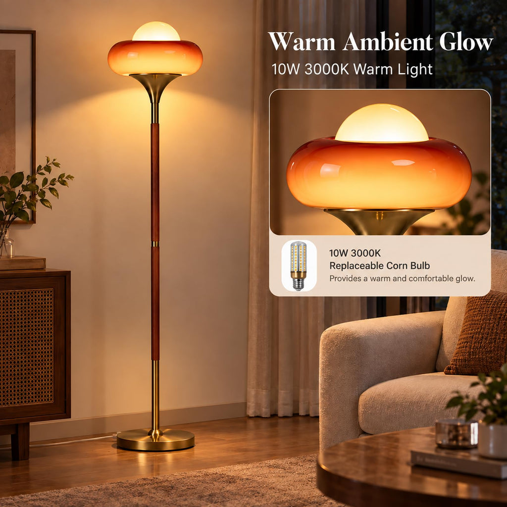 Mid Century Modern Orange Floor Lamp, Gradient Amber Glass Shade