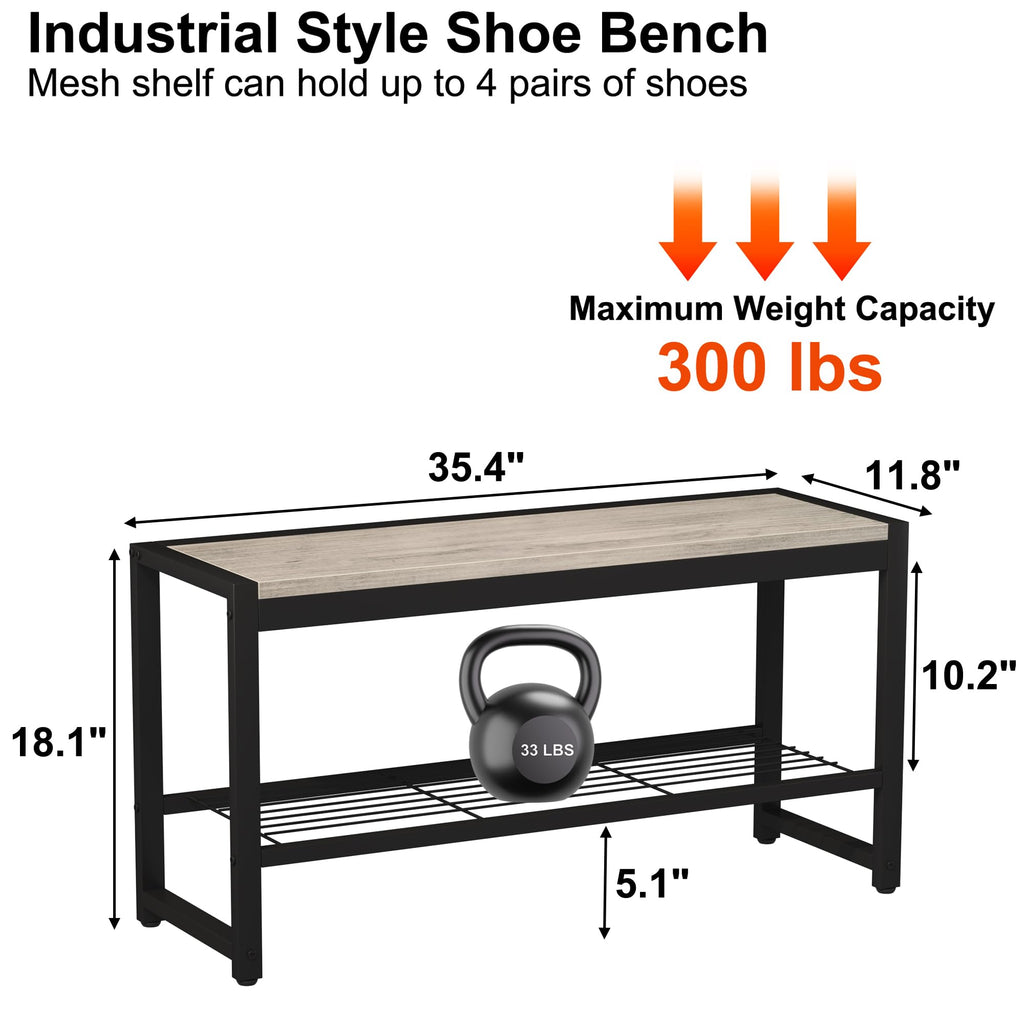 2 Tiers Shoe Bench, Retro Industrial Shoe Storage Bench with Mesh Shelf and Sturdy Metal Frame, Metal Shoe Rack Bench