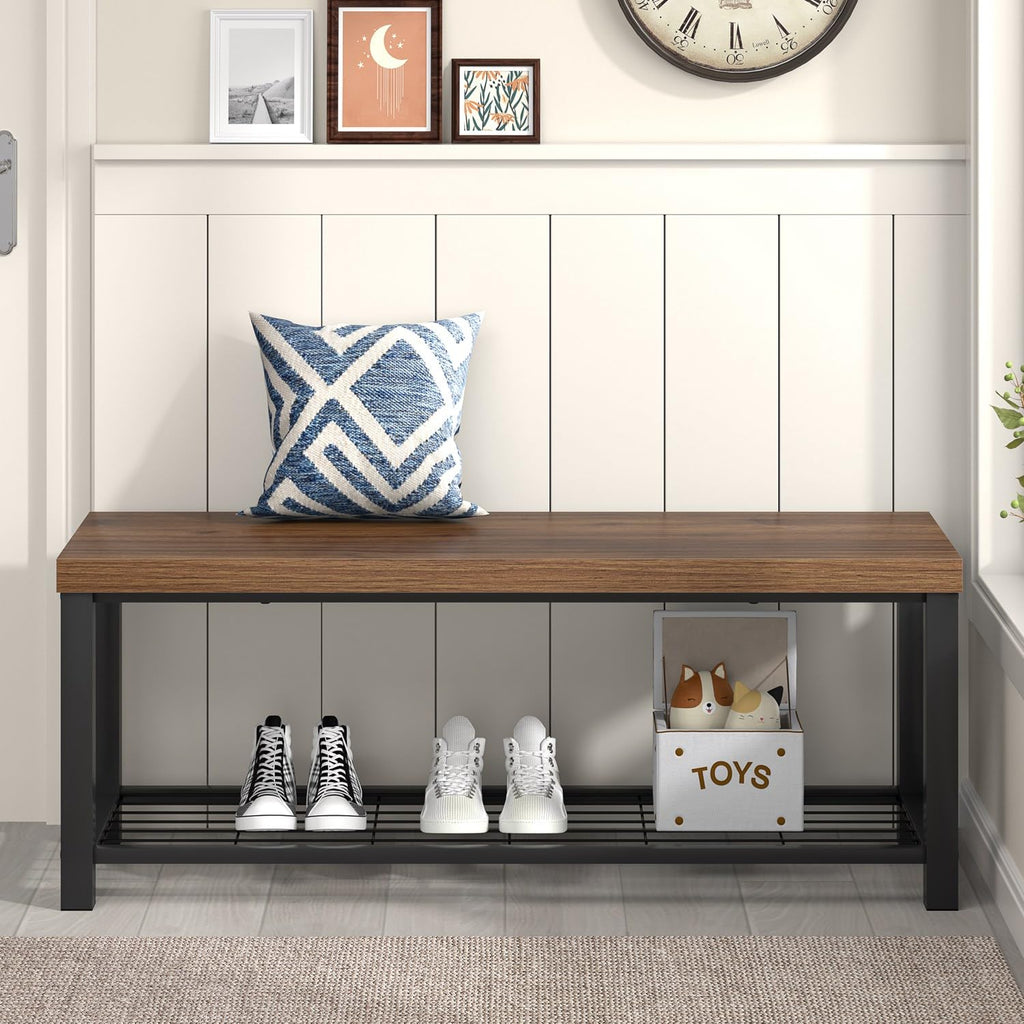 Modern Entryway Bench - Rustic Wood and Metal Shoe Storage Front Door Entrance, Industrial Indoor Seat Living Room