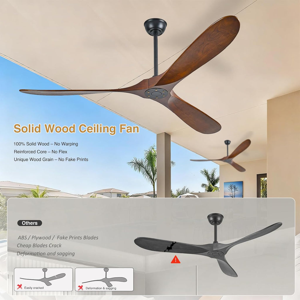 Inspired Maverick Style 72 Inch Ceiling Fan No Light, Walnut Solid Wood,Outdoor Ceiling Fans s Porch,3 Blade