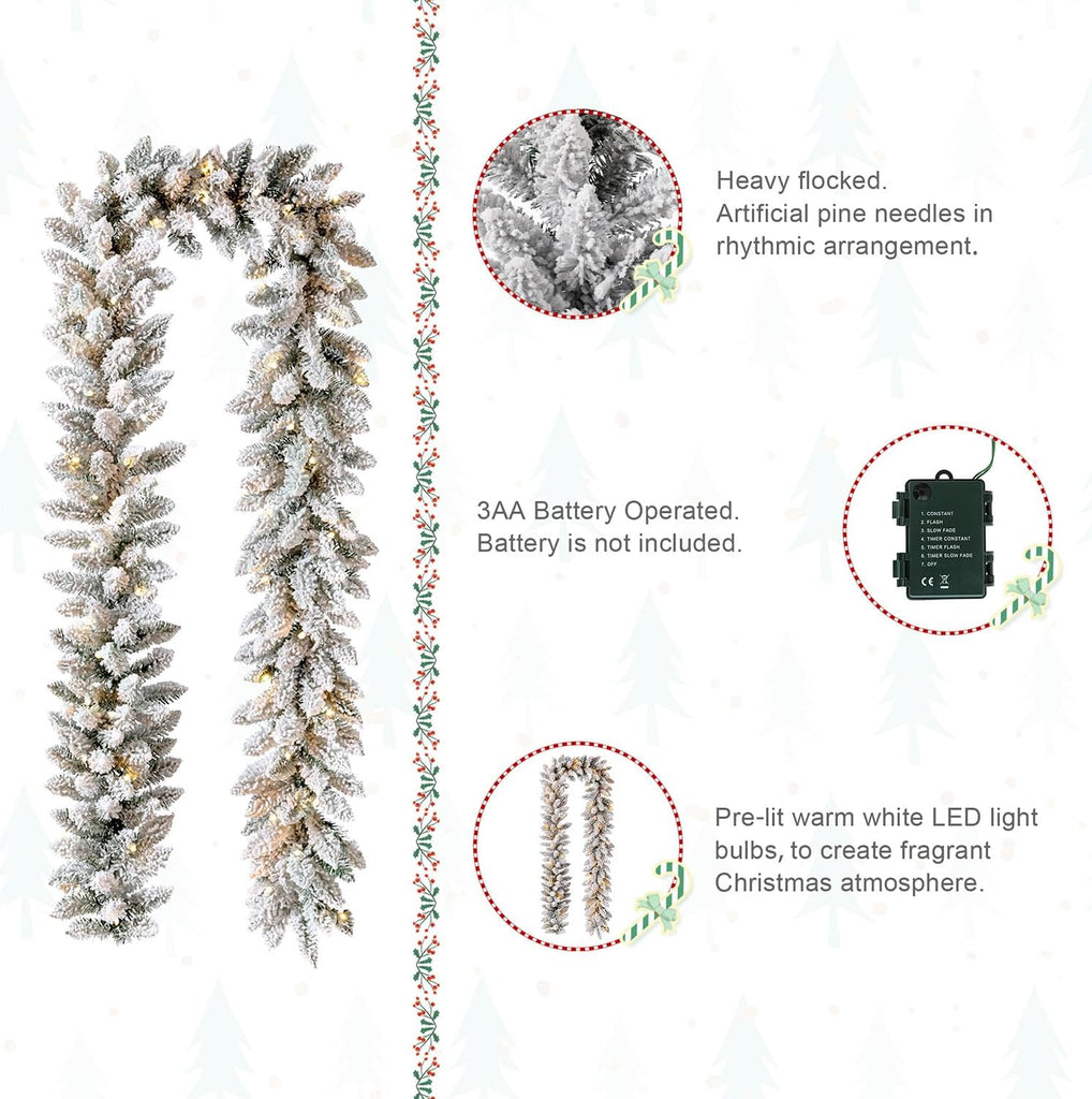 For Mantle, Pre-Lit Snow Flocked Christmas Garland with Warm White LED Lights and Timer for Fireplace, Dining Table