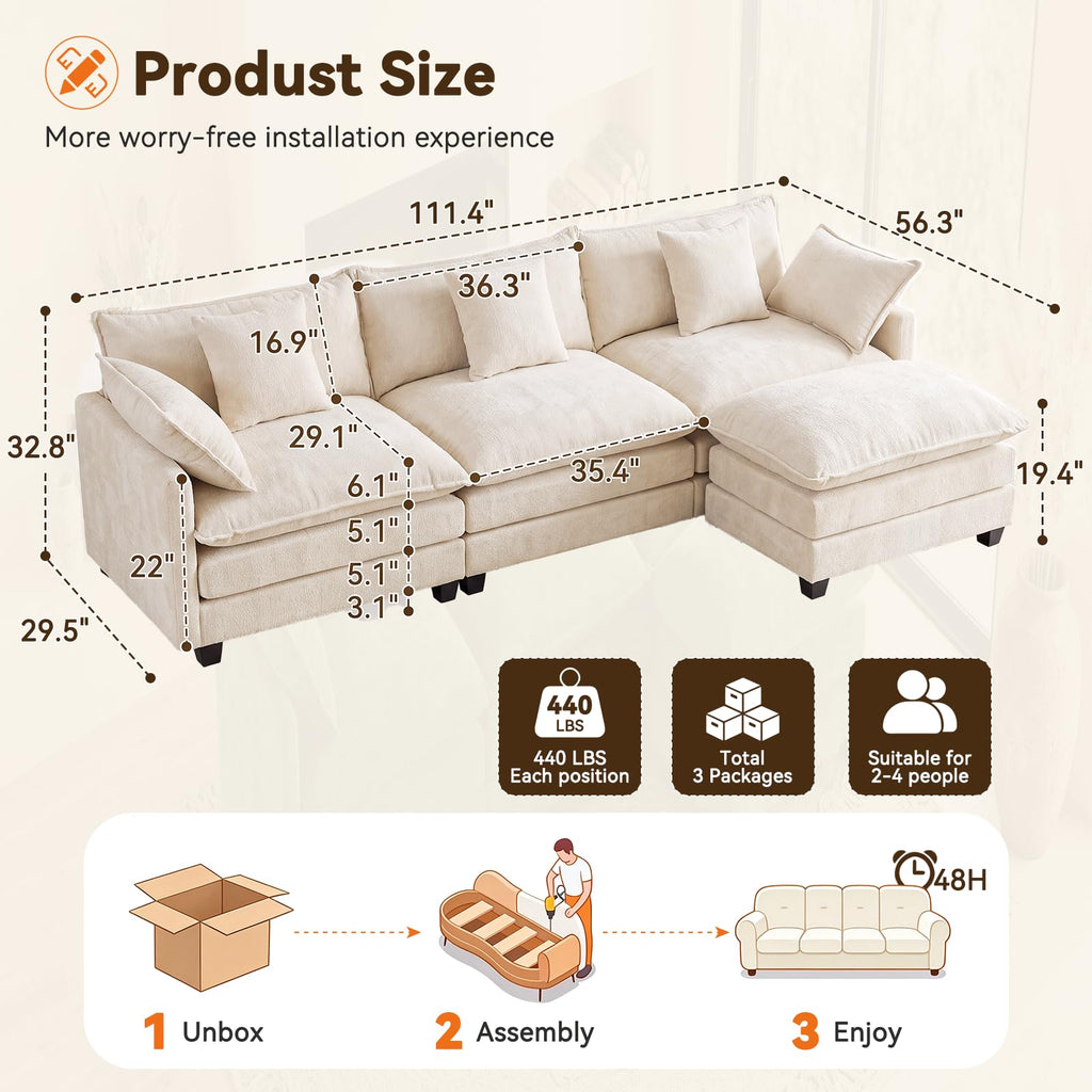 111.4" L‐Shaped Cloud Sectional Sofa Couch, Reversible Chaise, Beige