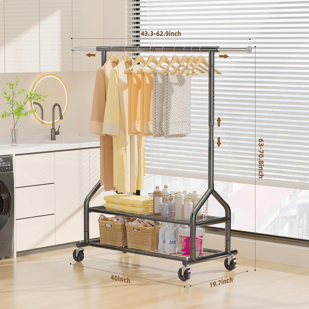 Heavy Duty Clothes Rack Load 556 LBS, Rolling Clothing Rack With Shelves, Height Adjustable Clothes Hanger with