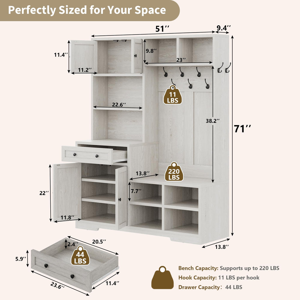 5-in-1 Hall Tree with Bench and Shoe Storage, 51" W Entryway Organizer Coat Rack, Rustic White