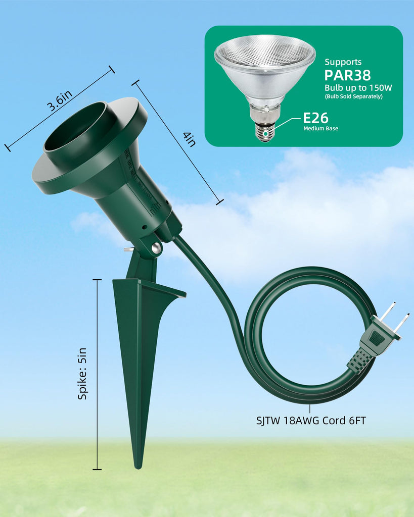 Outdoor Flood Light Holder with Ground Stake, Plug-in Waterproof Spotlight Fixture, PAR38 Compatible, E26 Socket, 6FT