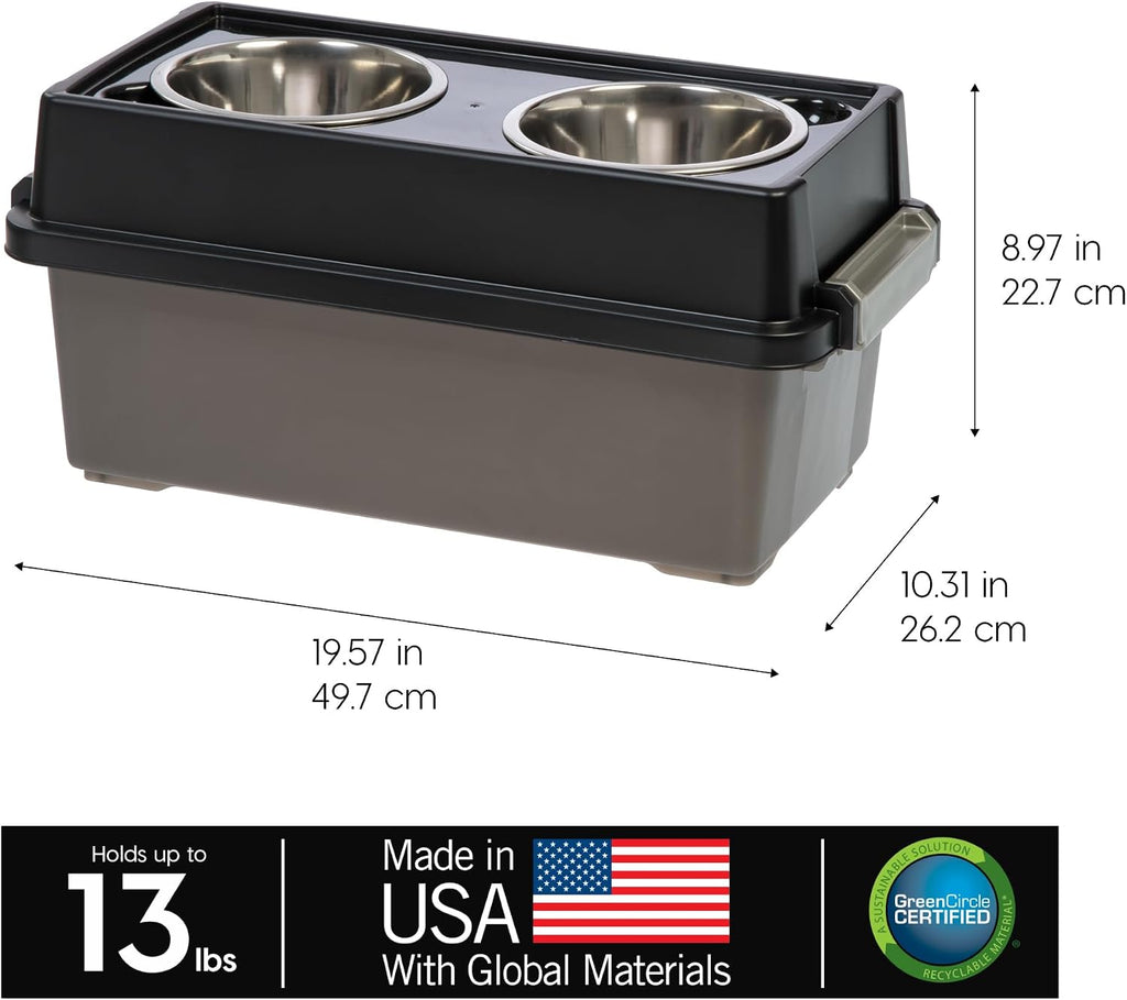 USA Elevated Dog Bowls 9" H, up to 13 lb Storage, Black, Made in USA