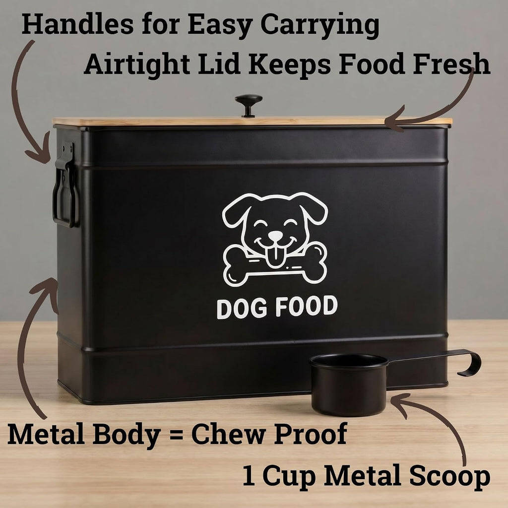 Metal Dog Food Container 15-20 lbs w/ Airtight Bamboo Lid, 70 Cup Capacity