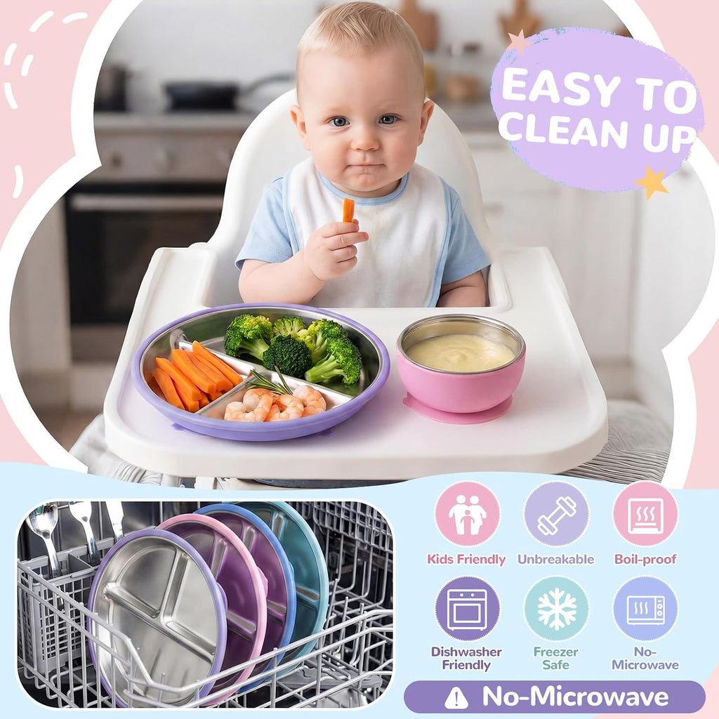 8 Pcs Stainless Steel Baby Plates Bowls with Suction Set,Gray