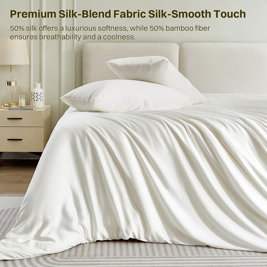 Silk Comforter Set 4 Pieces, All-Season 100% Silk Filled Comforter with Detachable Duvet Cover, Moisture-Wicking
