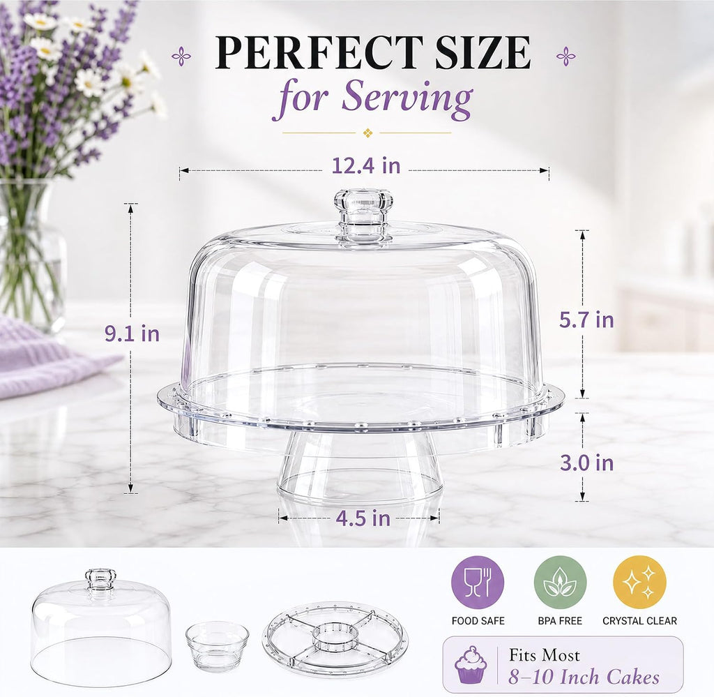 12 Inch Clear Acrylic Cake Stand With Lid, Versatile Reversible Design