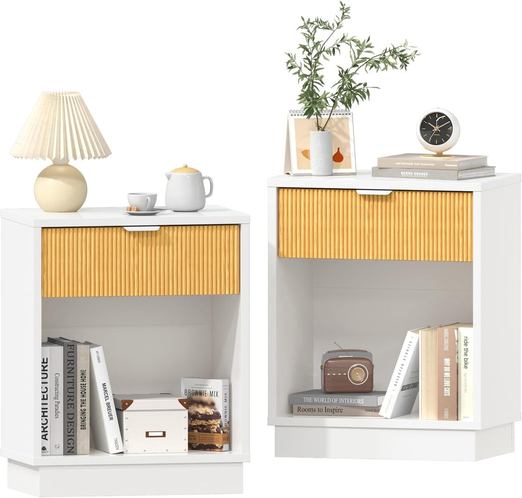 Fluted Night Stand Set 2, Large Wood Bedside Table Set of 2 Nightstands Set of 2 with Drawer and Storage Shelf