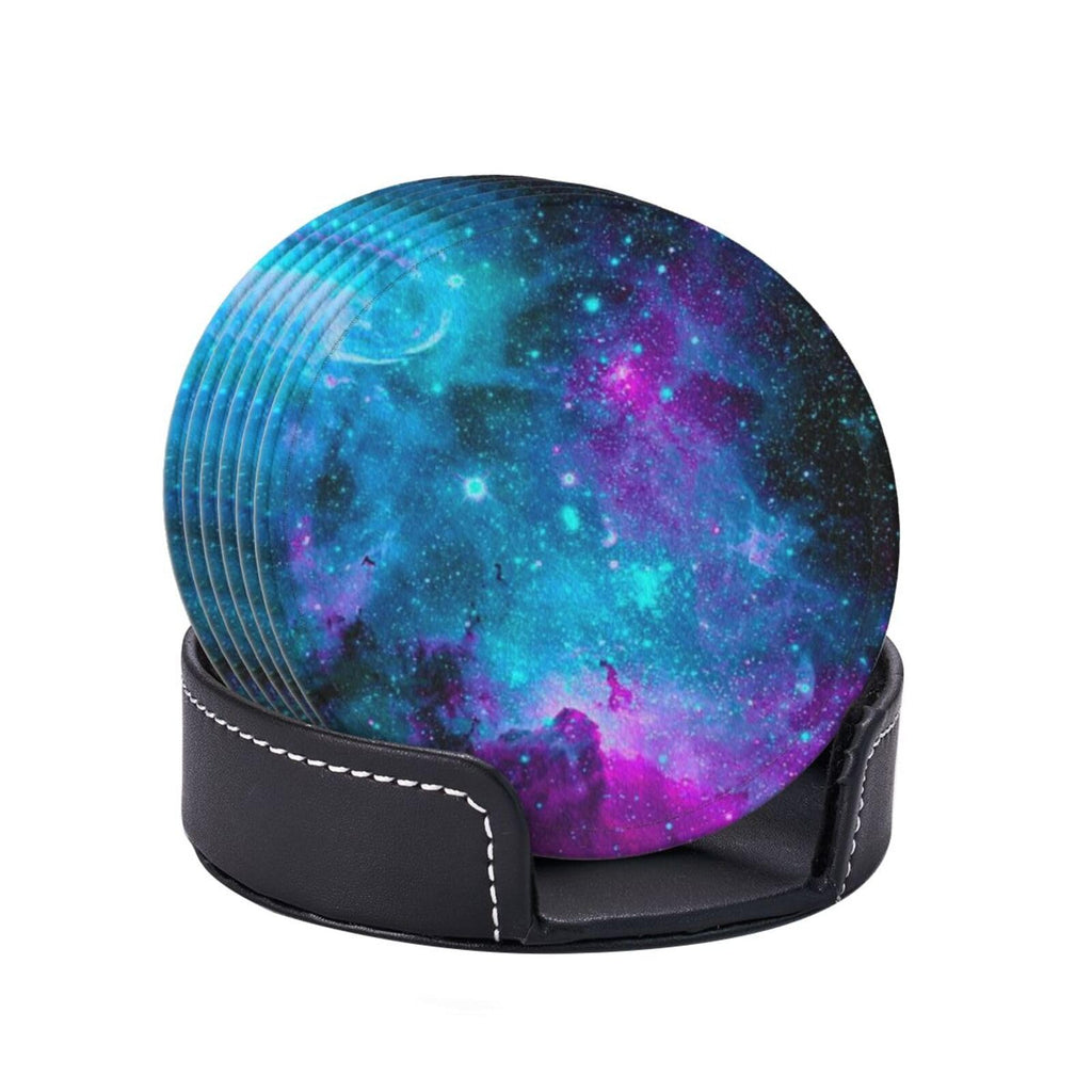 Trippy Galaxy Drinking Coasters PU Leather Coaster with Holder, 6pcs