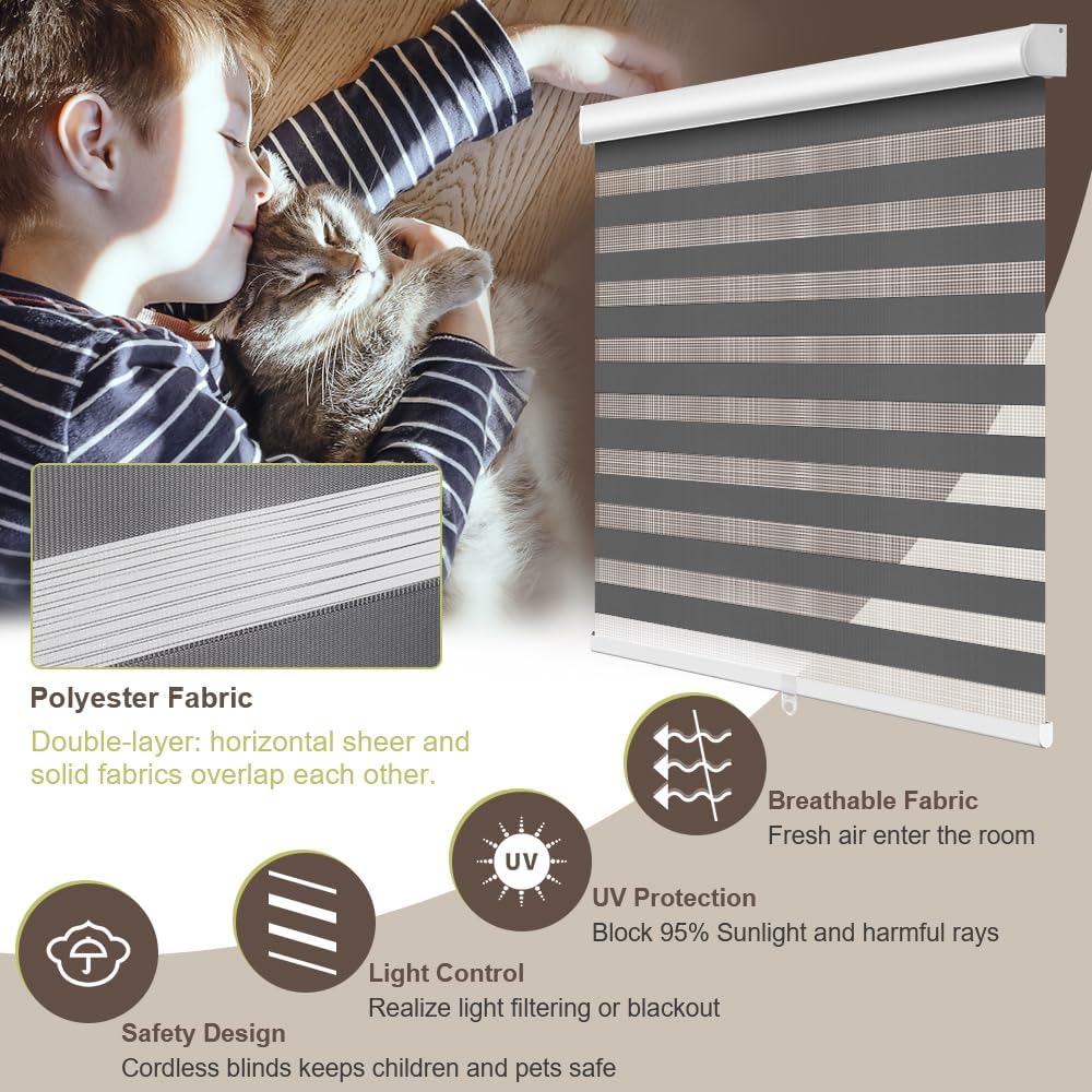 Zebra Blinds Roller Shades Cordless Window Blinds with Valance Cover, Day and Night Sheer Shades Dual Layer Fabric