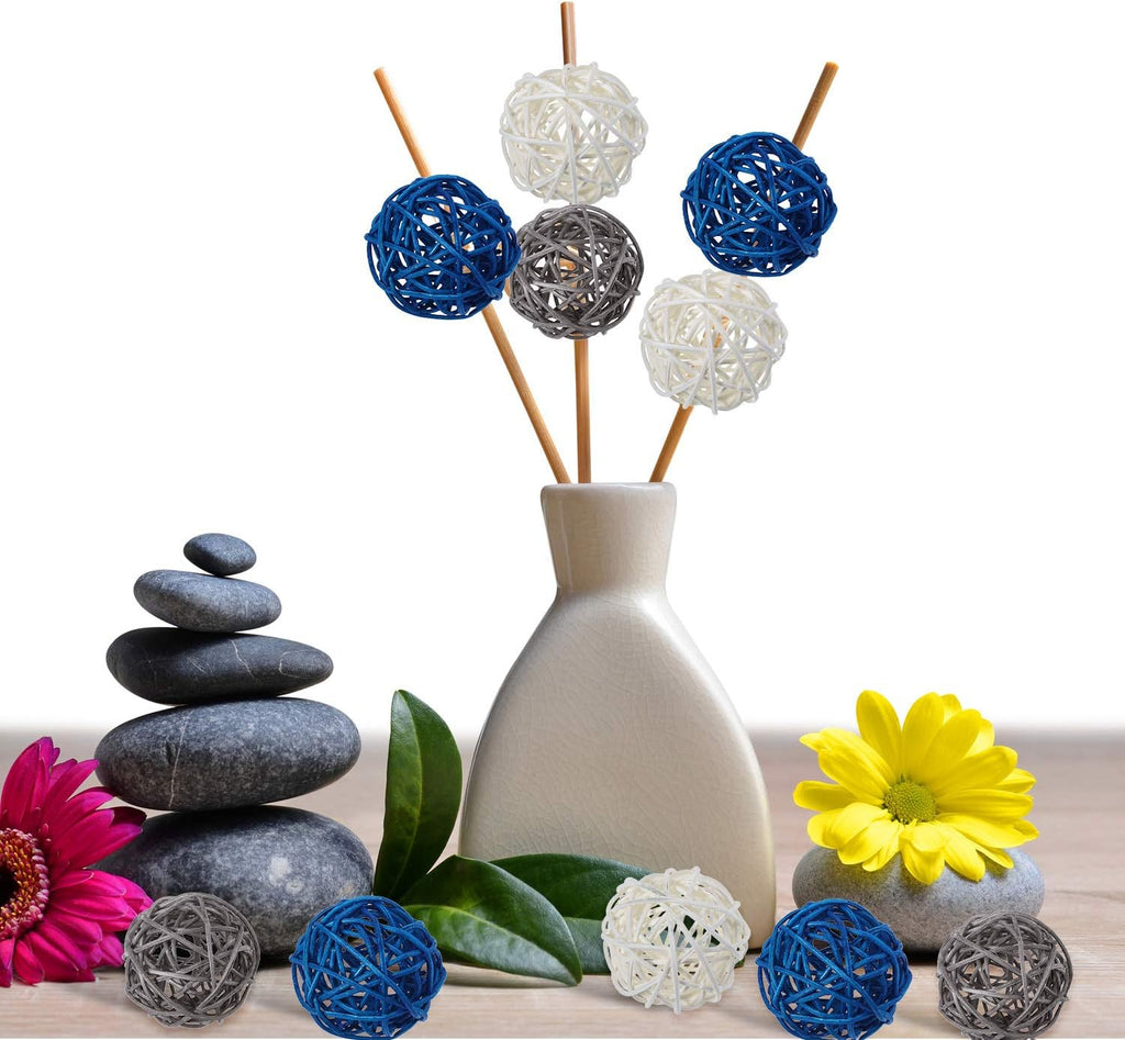Decorative Wicker Rattan Ball, 1.8 in, Navy Blue Gray White - Set of 15